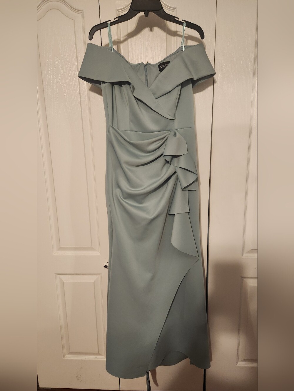 Mother Of The Bride / Groom Xscape Off-Shoulder Sage Green Draped Evening Dress